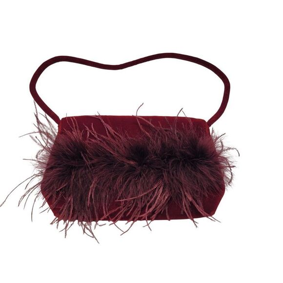 Vtg BeBe Red Maroon Wine Velvet Evening Bag Feather Fringe Formal Shoulder Bag - Picture 16 of 16